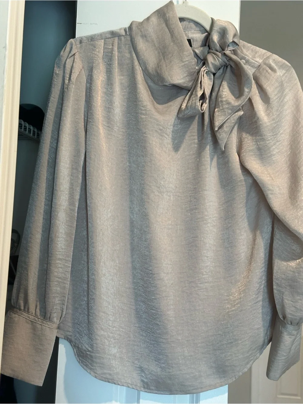 Banana Republic Women’s Metallic Taupe Tie-Neck Blouse